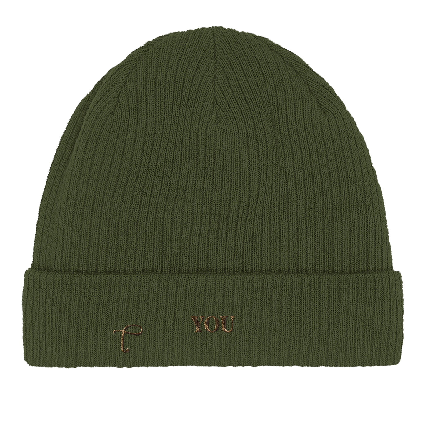 Close-up van olijfgroene beanie met ribstructuur van Lettre