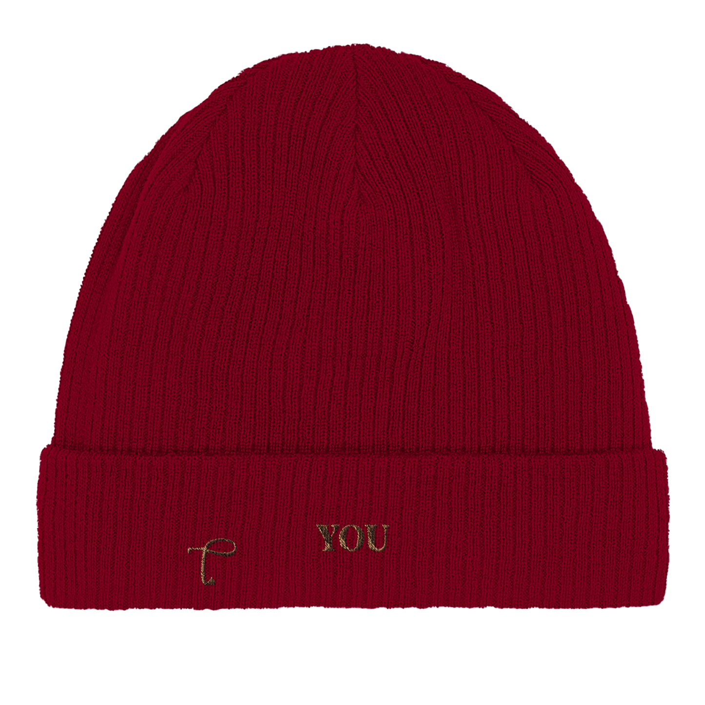Close-up van bordeauxrode beanie met ribstructuur van Lettre