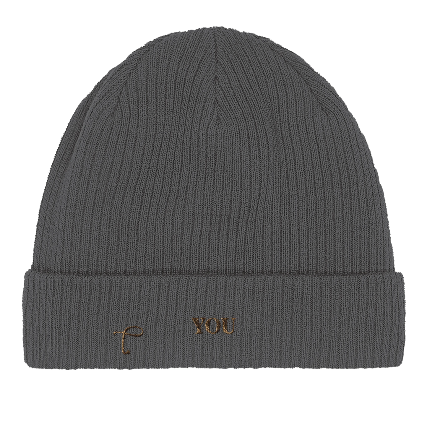 Close-up van grafiet grijze beanie met ribstructuur van Lettre