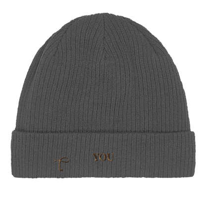 Close-up van grafiet grijze beanie met ribstructuur van Lettre