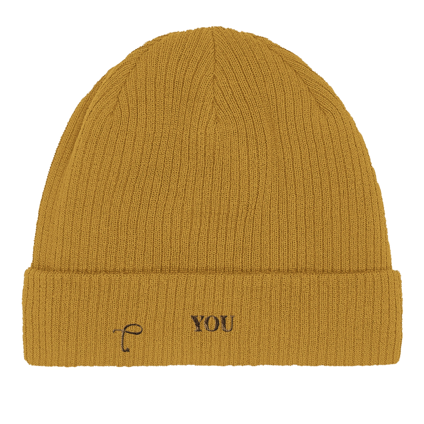 Close-up van mosterd gele beanie met ribstructuur van Lettre