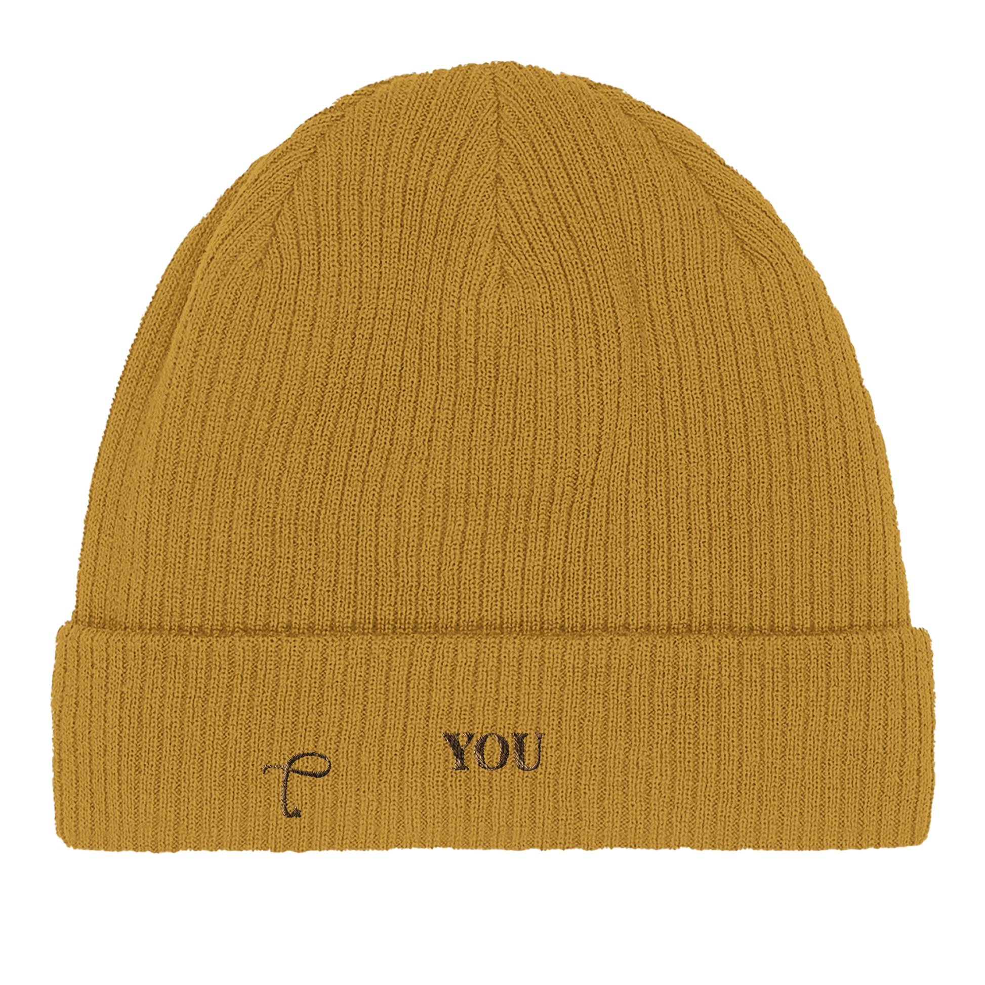 Close-up van mosterd gele beanie met ribstructuur van Lettre