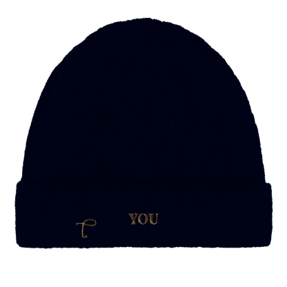 Close-up van oxford navy beanie met ribstructuur van Lettre