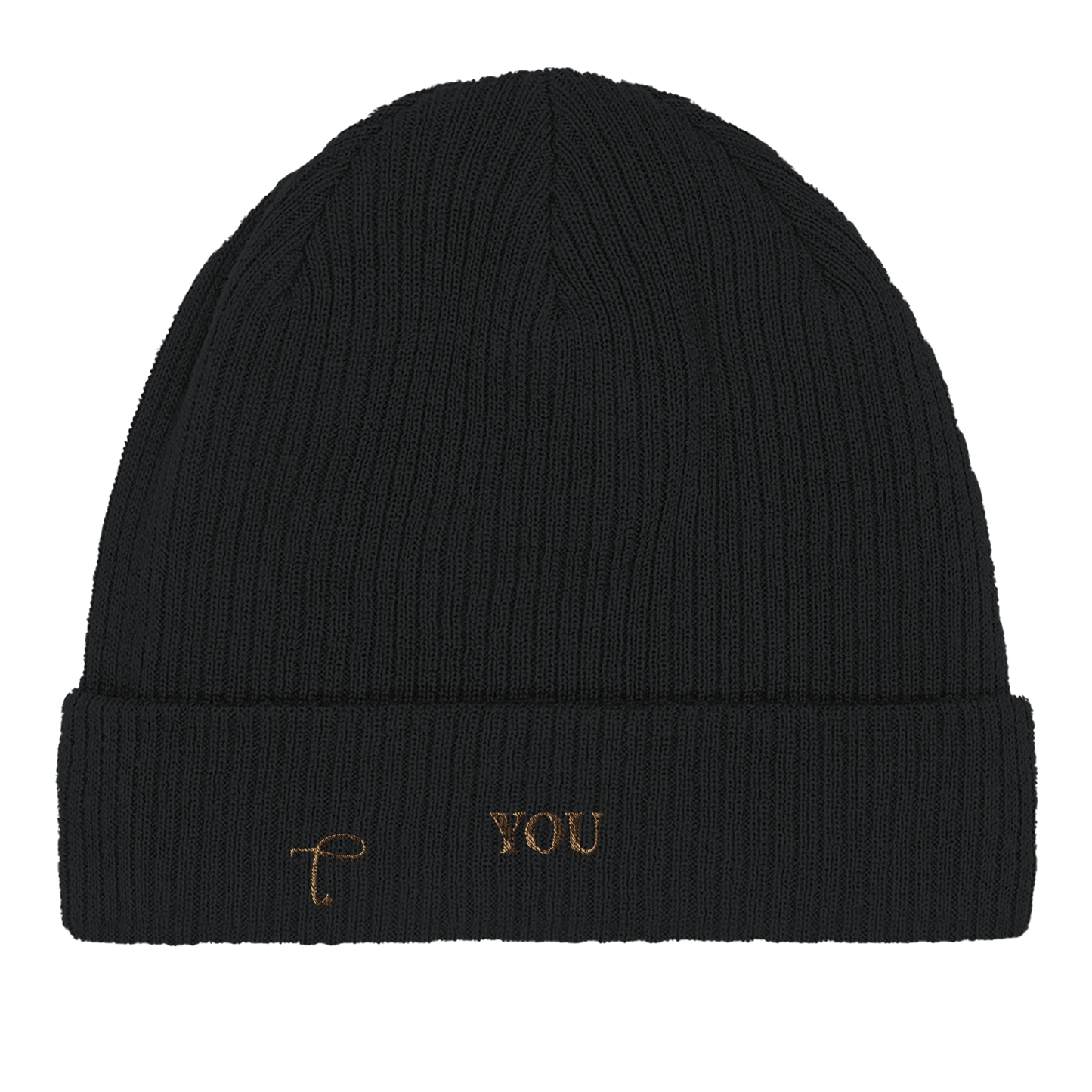 Close-up van zwarte beanie met ribstructuur van Lettre