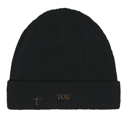 Close-up van zwarte beanie met ribstructuur van Lettre